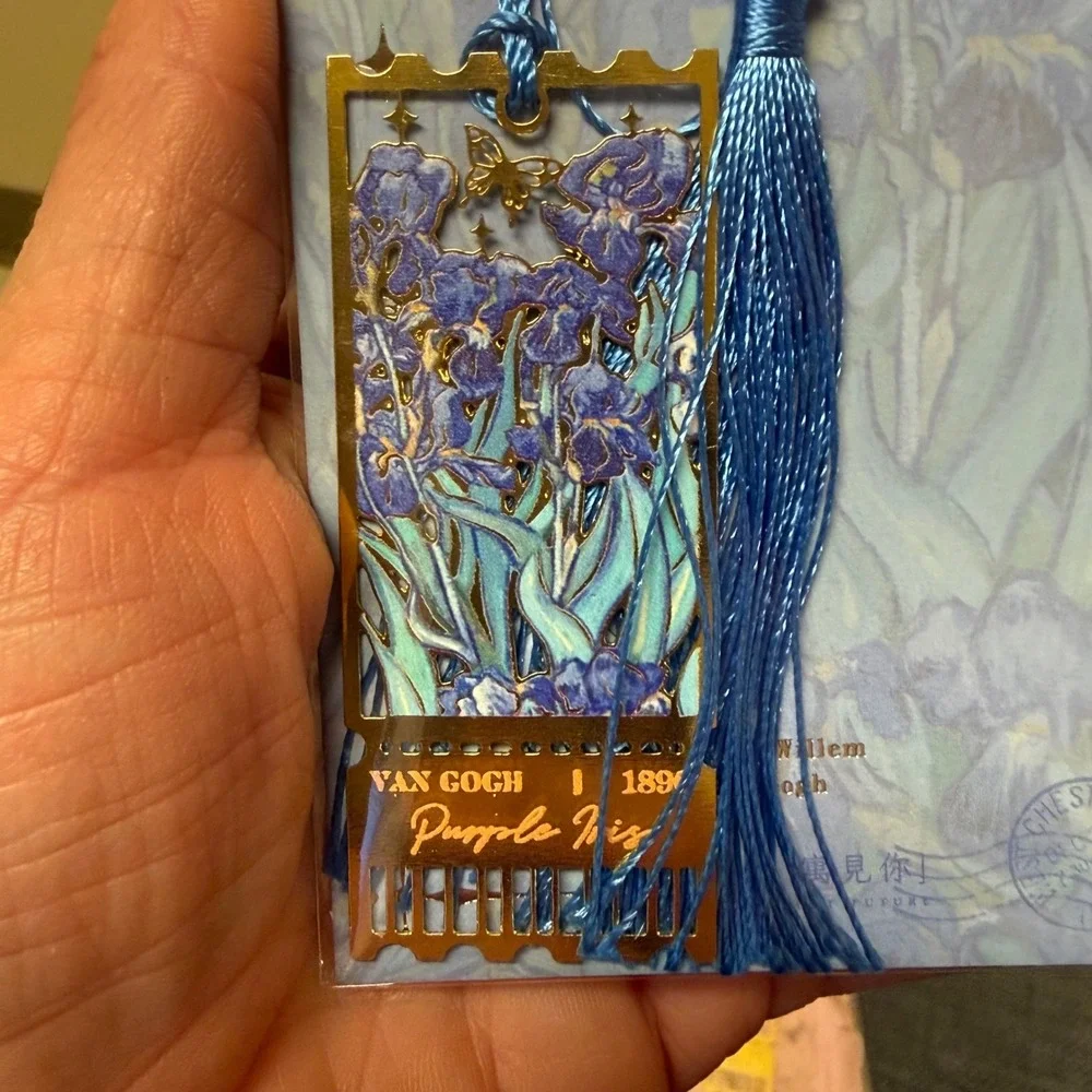Van Gogh Metal Bookmark Set Purple Iris Pink Rose Floral Tassel Art 2pc NEW